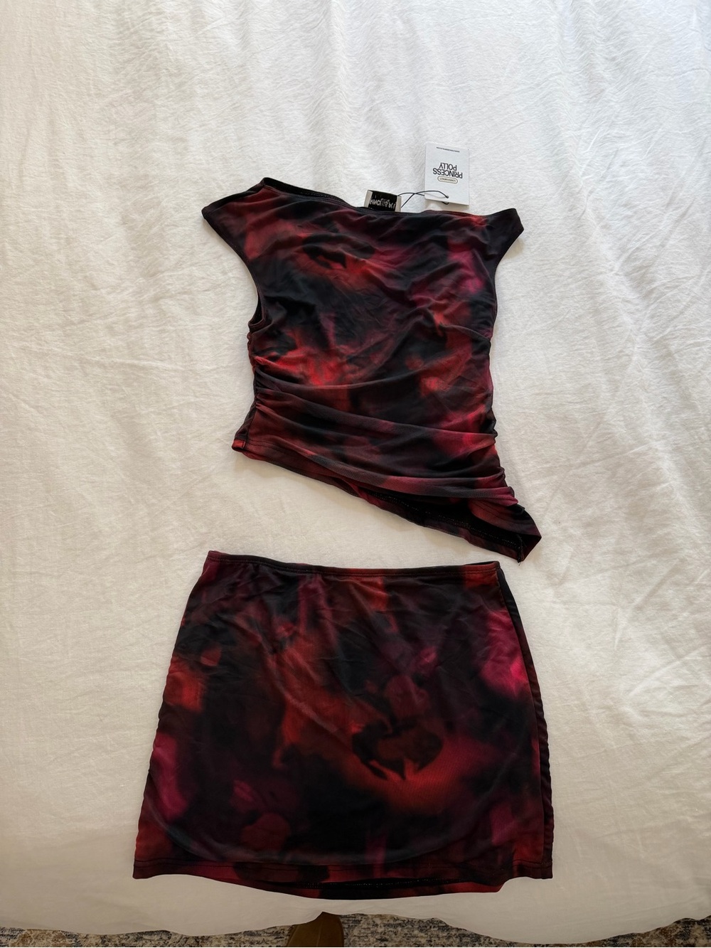 Princess Polly Red & Black Tie-Dye Asymmetric Skirt Set
